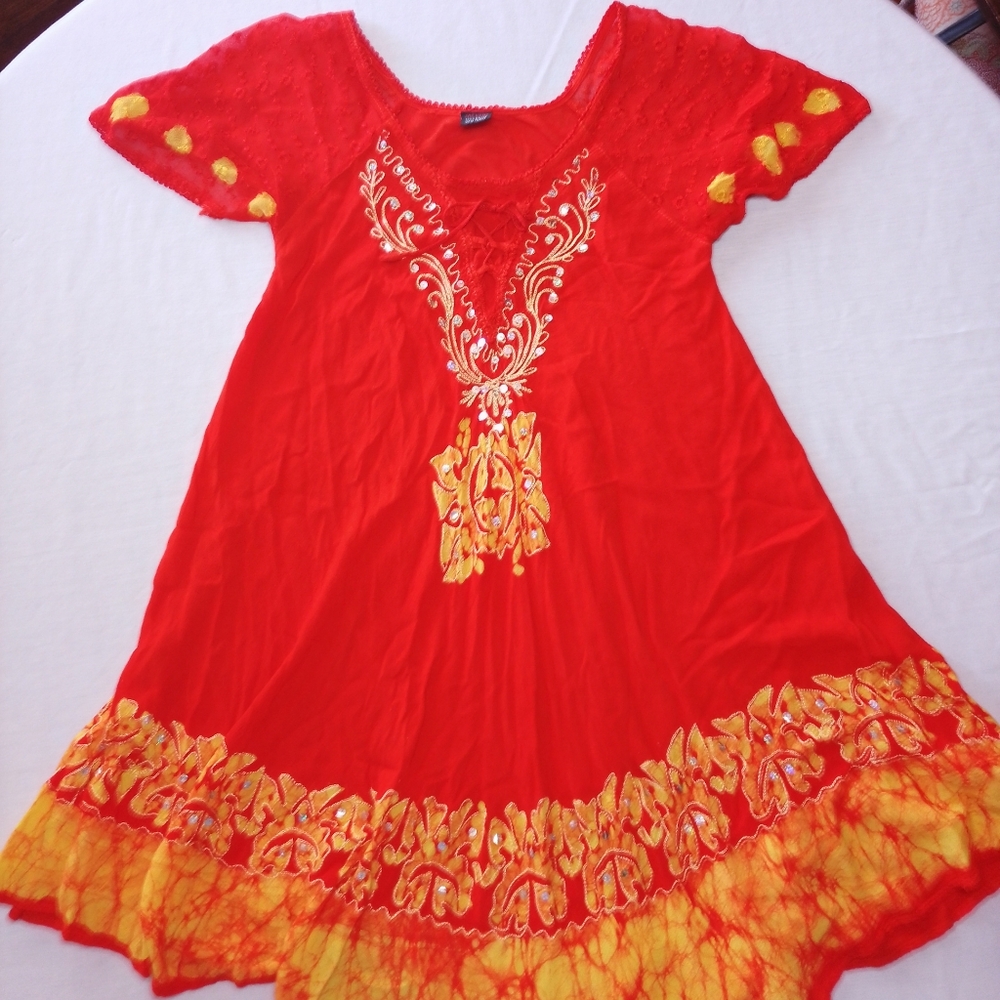 Jackpot Tie Dye Red and Yellow Embroidered Sequin Dress